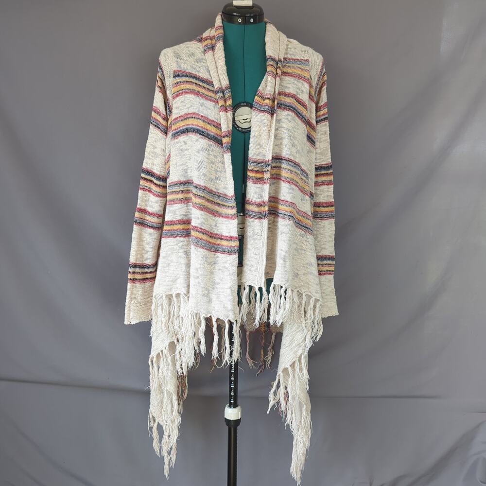 Forever 21 Boho Fringe Waterfall Open Front Striped Knit Cardigan Large Hippie